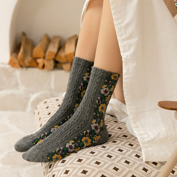 Accessories - Fun Textured Sock with Floral Embroidery Pattern